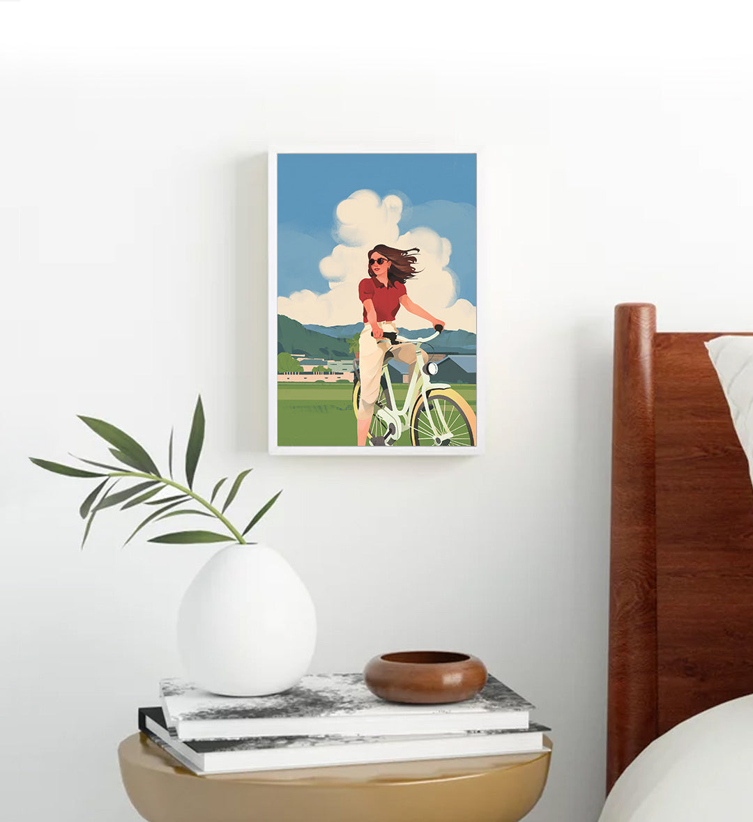Bright bedroom decor featuring summer vibe cycling canvas print.