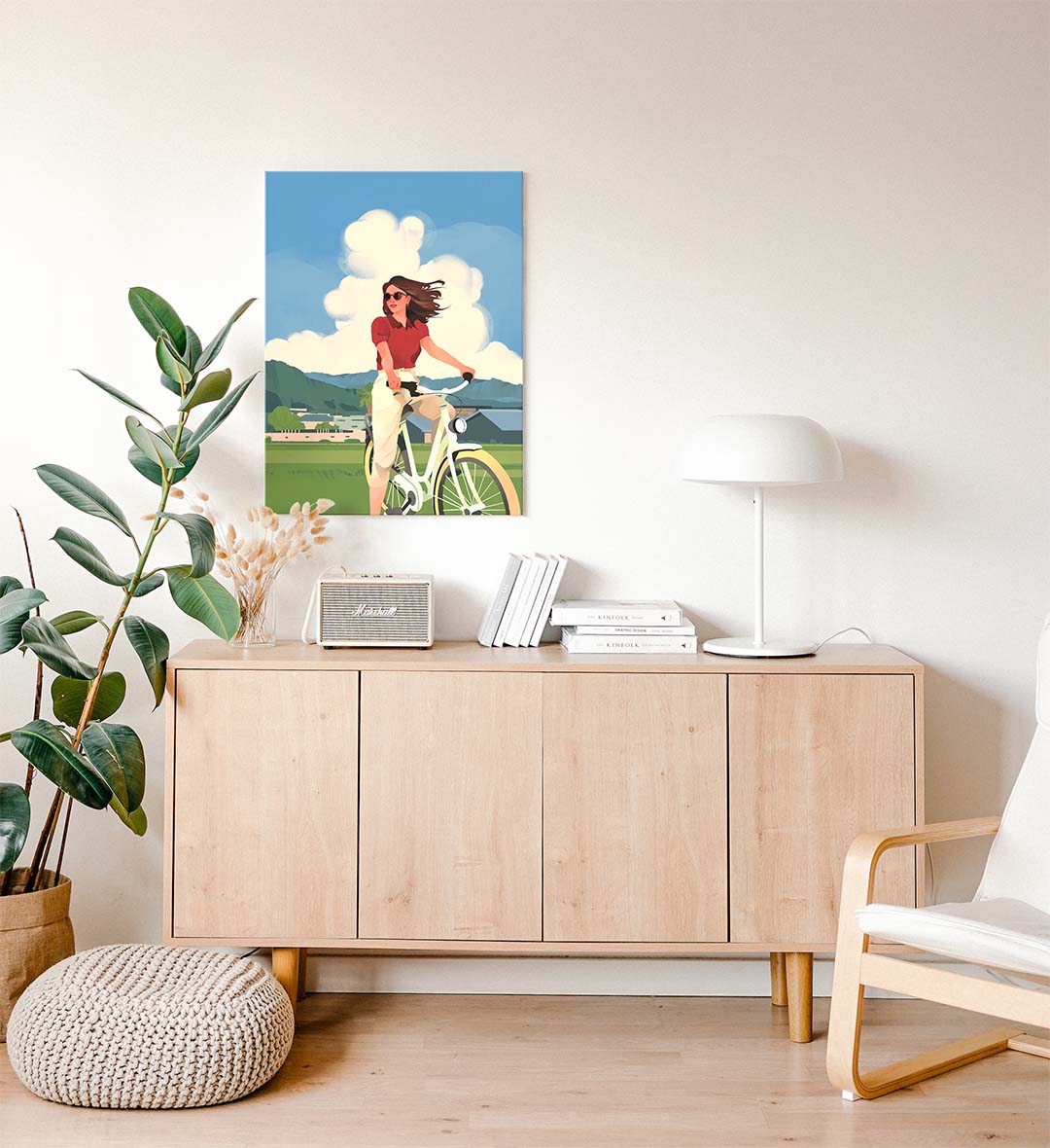 Side view of Summer Breeze Cyclist canvas showing gallery wrap depth.