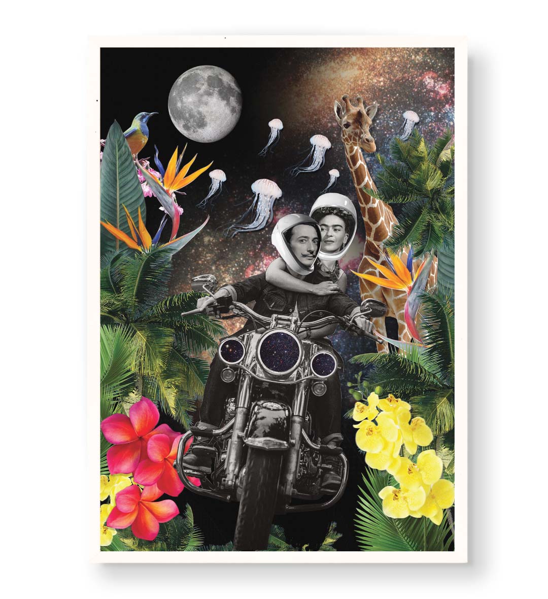 Surreal Safari Ride wall art featuring Dalí and Frida Kahlo on a cosmic motorcycle for Indian home decor.