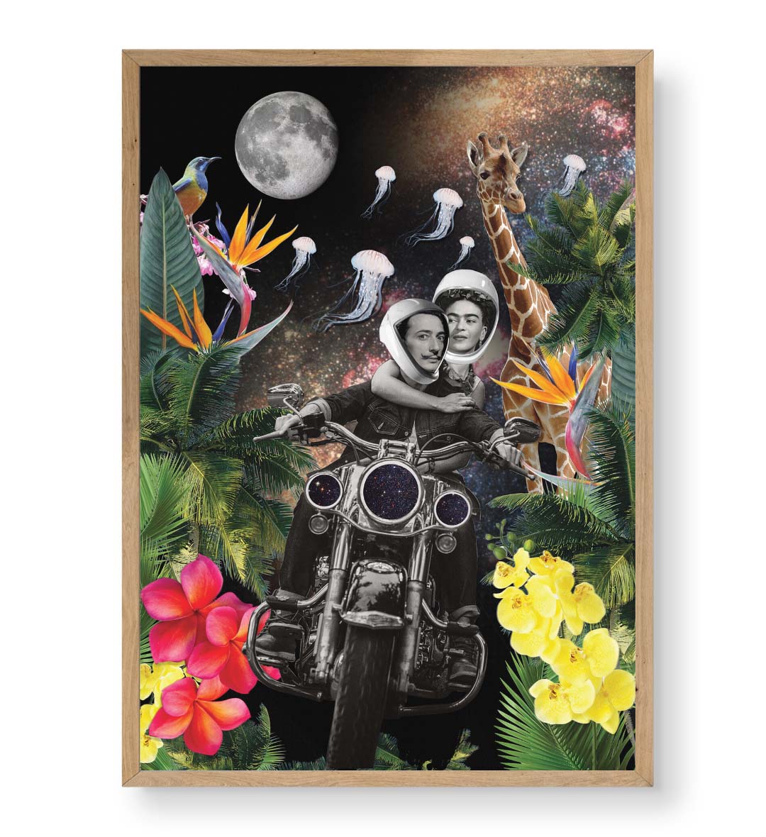 Surreal Safari Ride wall art featuring Dalí and Frida Kahlo on a cosmic motorcycle for Indian home decor.