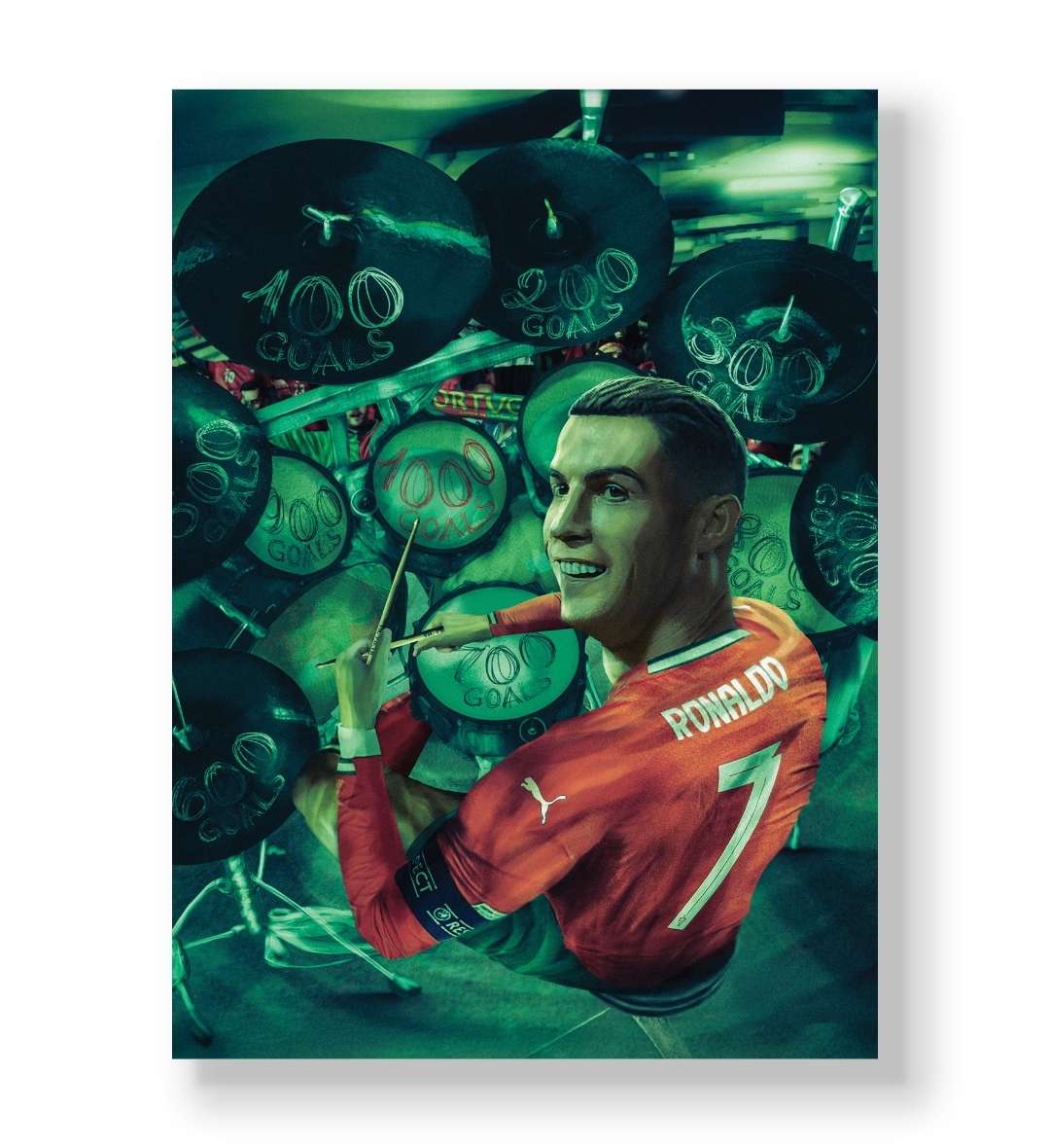 Cristiano Ronaldo playing a drum kit with goal milestones written on cymbals canvas wall art.