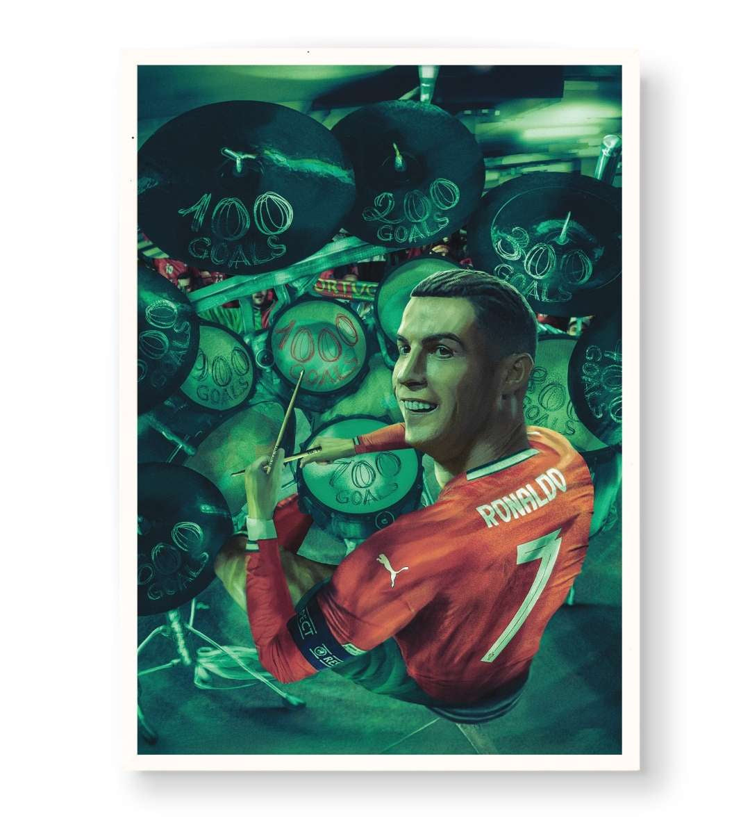 Modern sports room setup featuring surreal Ronaldo drumming wall art.