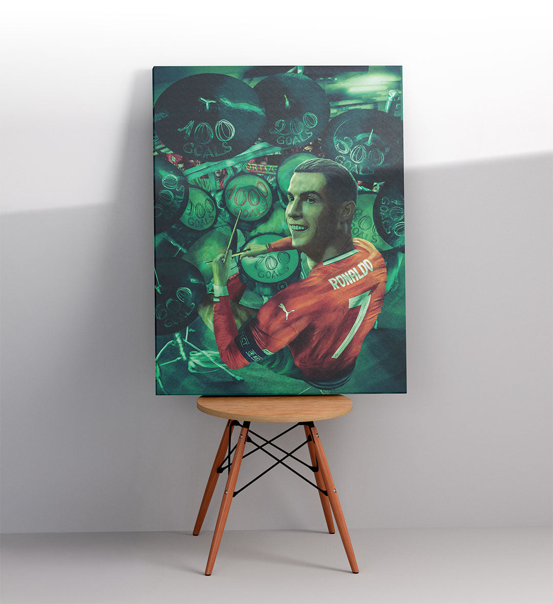 Music studio decor idea featuring football and drumming crossover art.