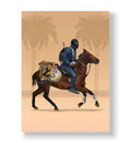 Masked man in suit riding a horse with stolen Mona Lisa painting canvas art.