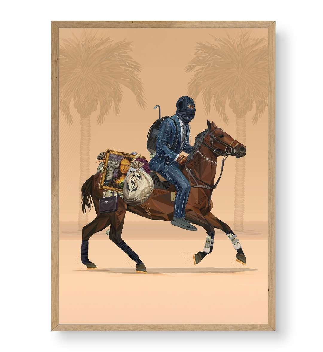 Hallway display with framed The Art Heist Rider art print by Artlier.