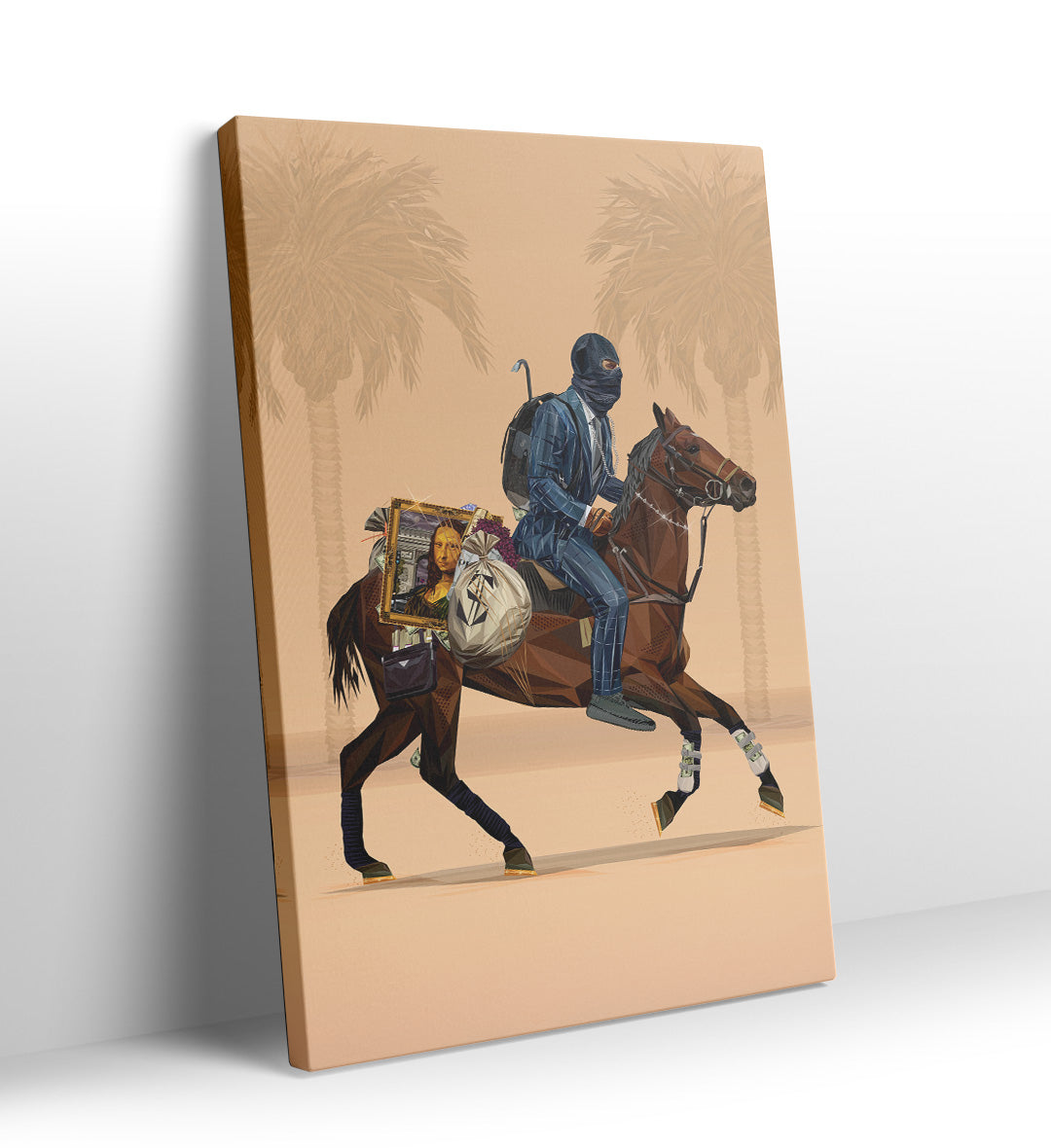 Detail of money bags and Mona Lisa frame strapped to a brown horse.