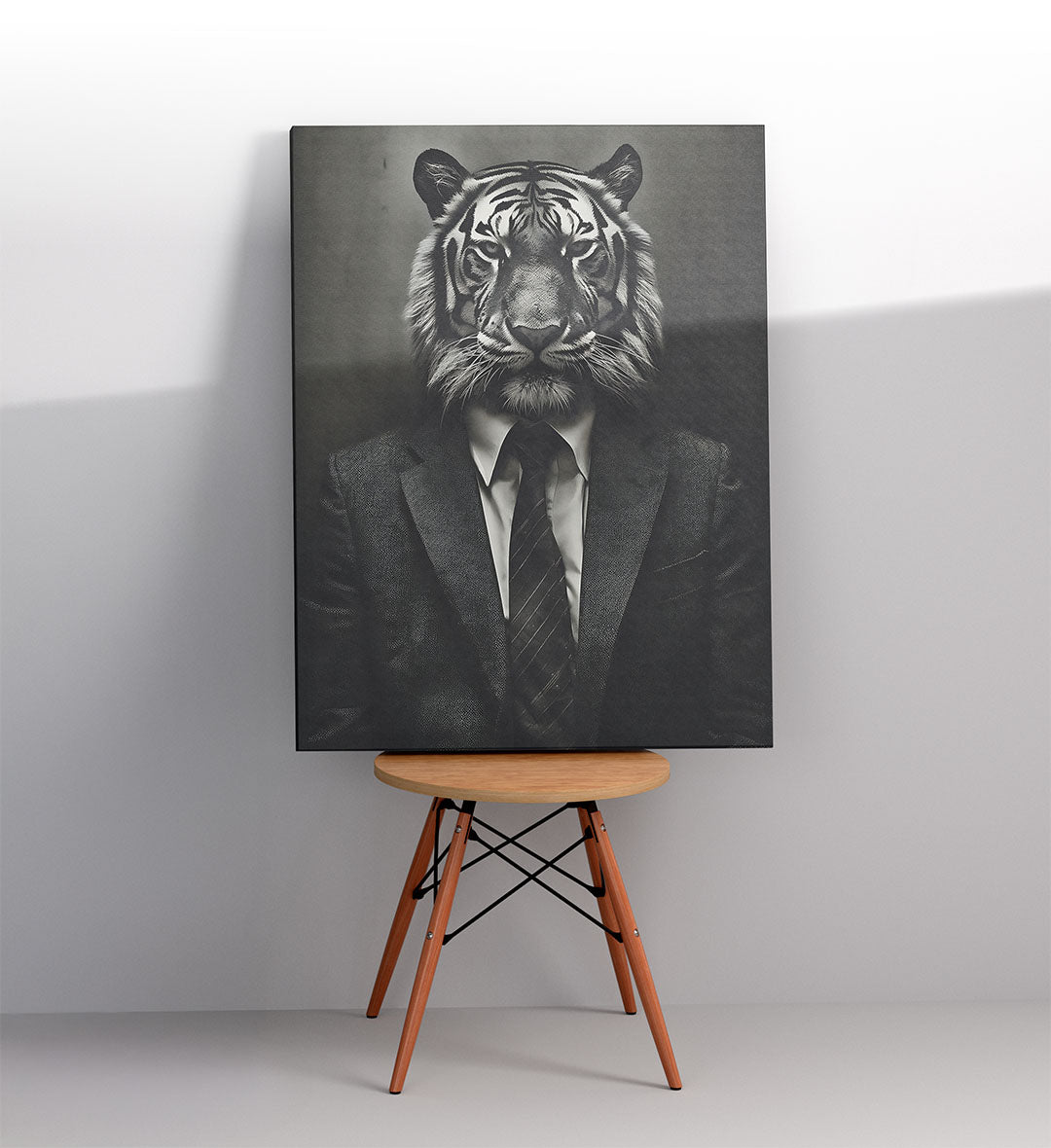 Detail shot of intense tiger eyes and textured fur on a business suit canvas
