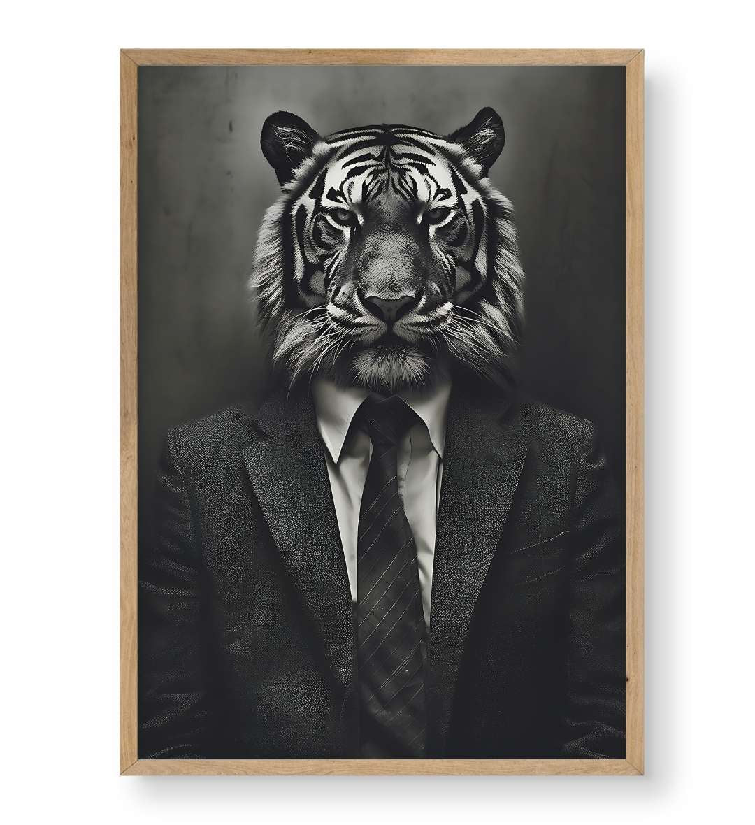 Edgy bachelor pad living room featuring monochrome anthropomorphic animal art.