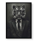 Dark moody bedroom interior styled with large tiger portrait wall hanging.