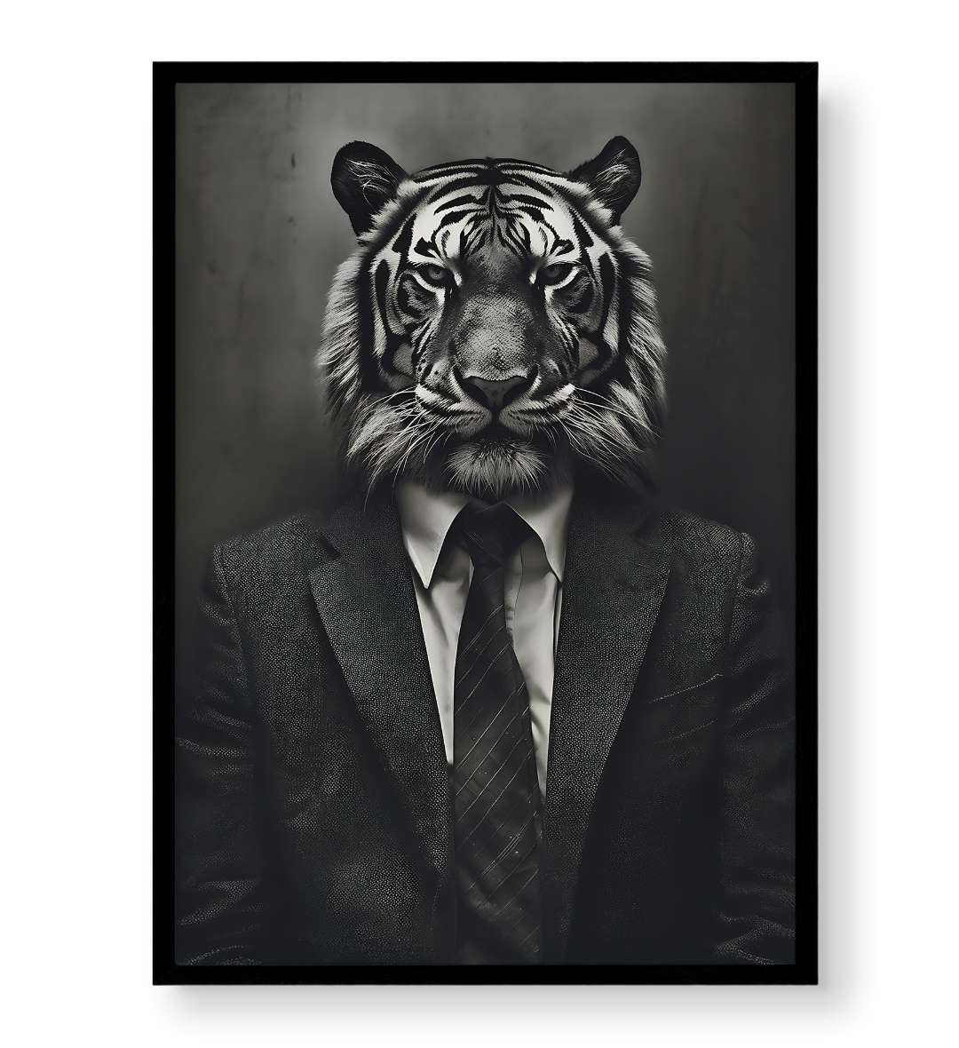 Dark moody bedroom interior styled with large tiger portrait wall hanging.