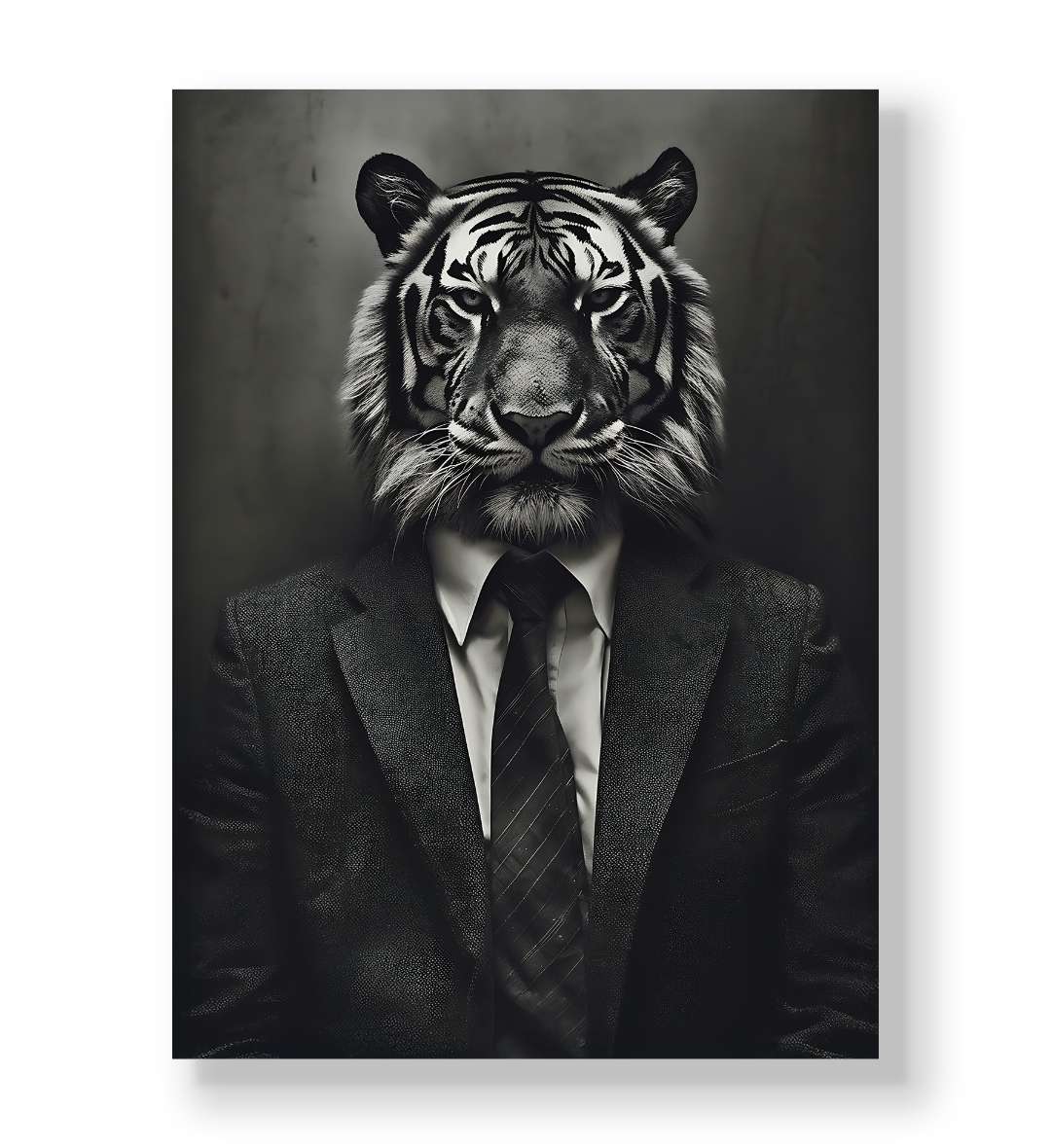 Black and white canvas wall art featuring a tiger head on a human body in a suit.