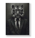 Black and white canvas wall art featuring a tiger head on a human body in a suit.