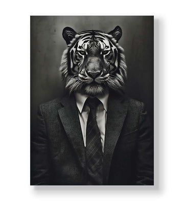 Black and white canvas wall art featuring a tiger head on a human body in a suit.