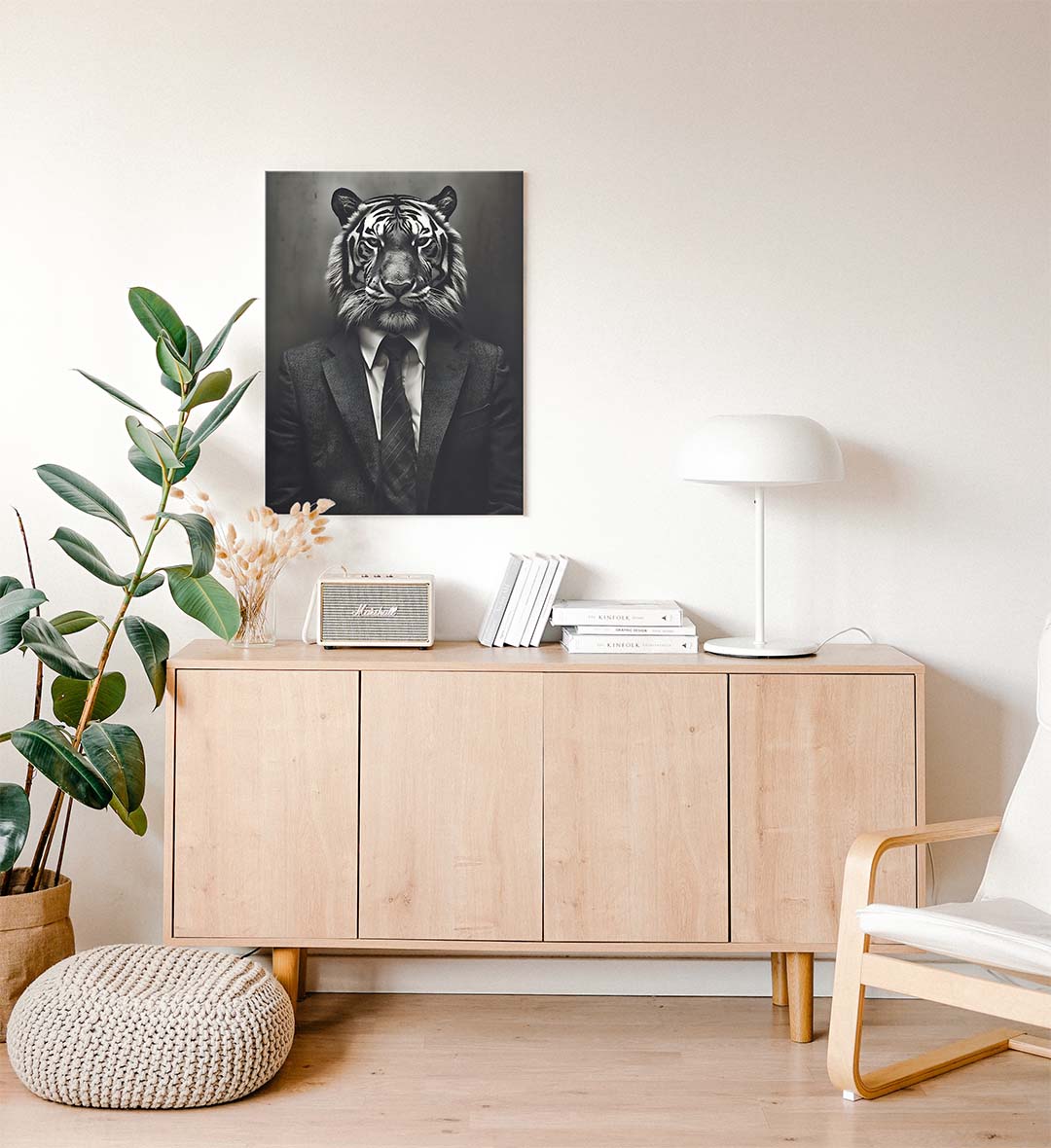 Modern home office desk setup with surreal tiger in suit wall art.