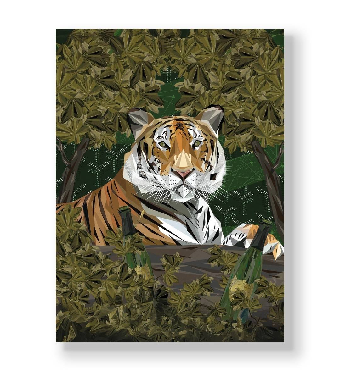 Geometric tiger lying in dense green foliage with champagne bottles canvas wall art.