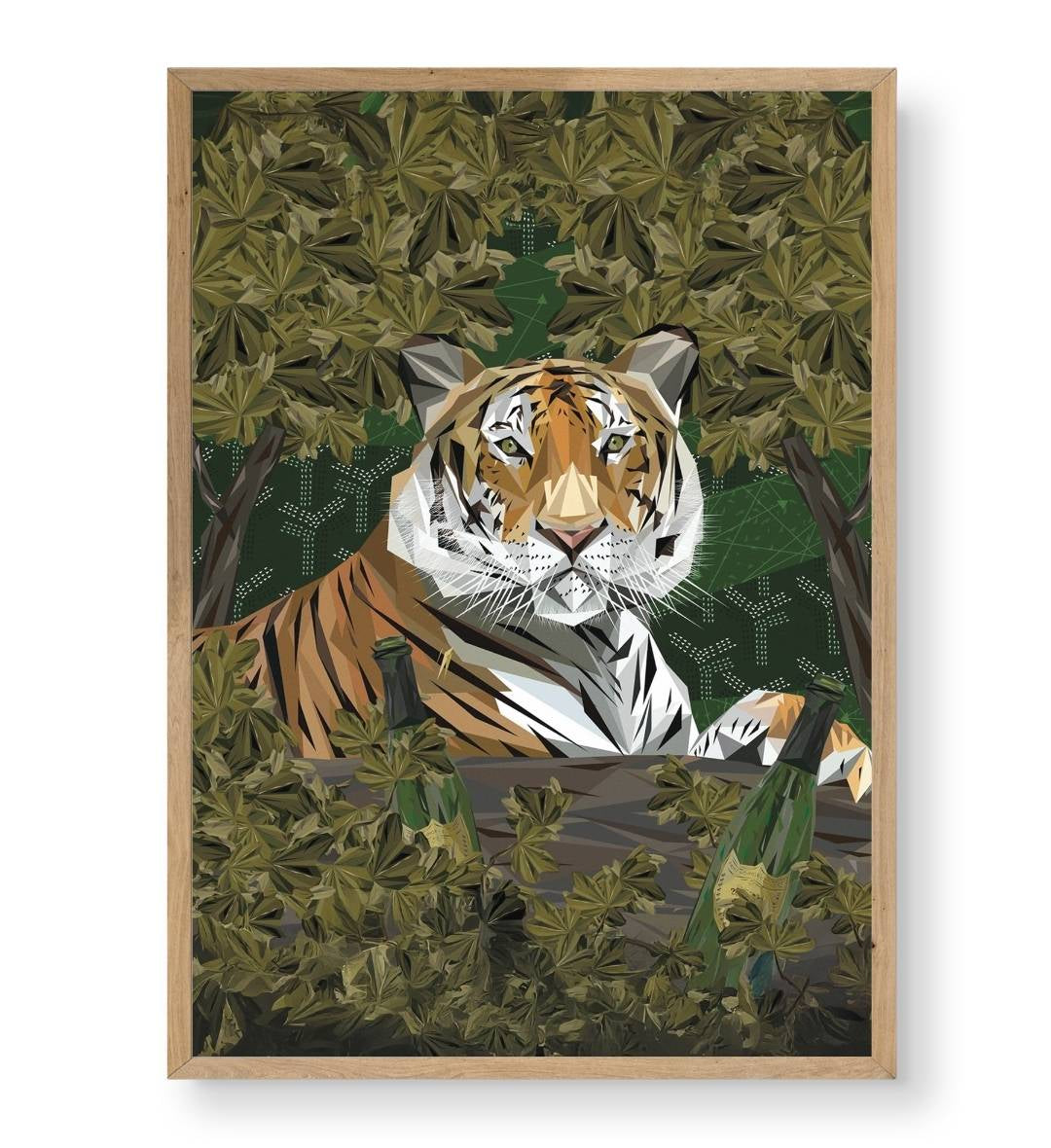 Hallway display with framed The Champagne Jungle Tiger art by Artlier.