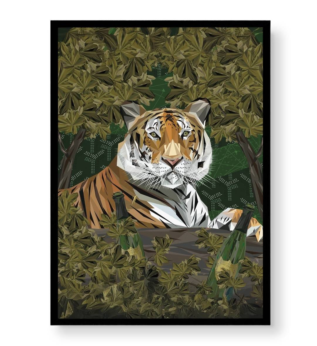 Home bar decor idea with sophisticated wildlife illustration.