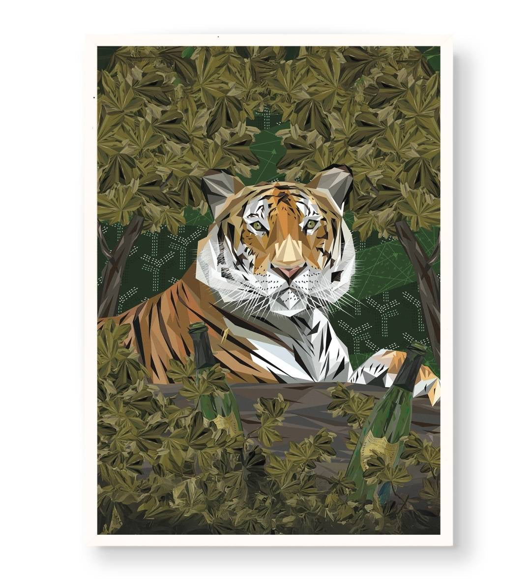 Modern living room decor featuring luxurious geometric tiger wall art.