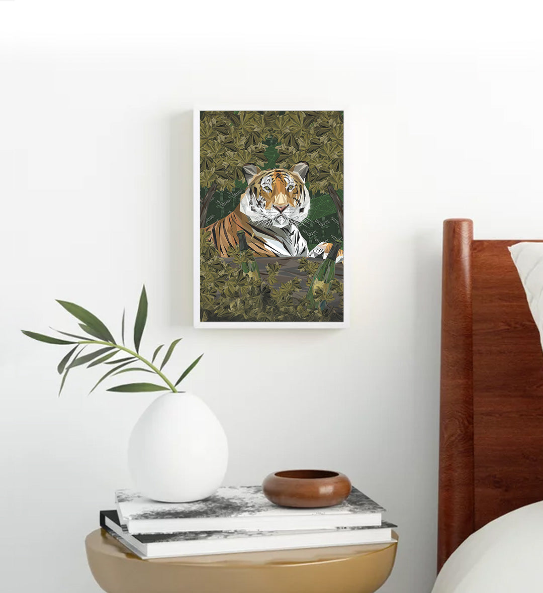 Edgy man cave styled with jungle theme and champagne canvas print.
