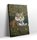 Detail of the tiger's sharp geometric face and green champagne bottles in the leaves.