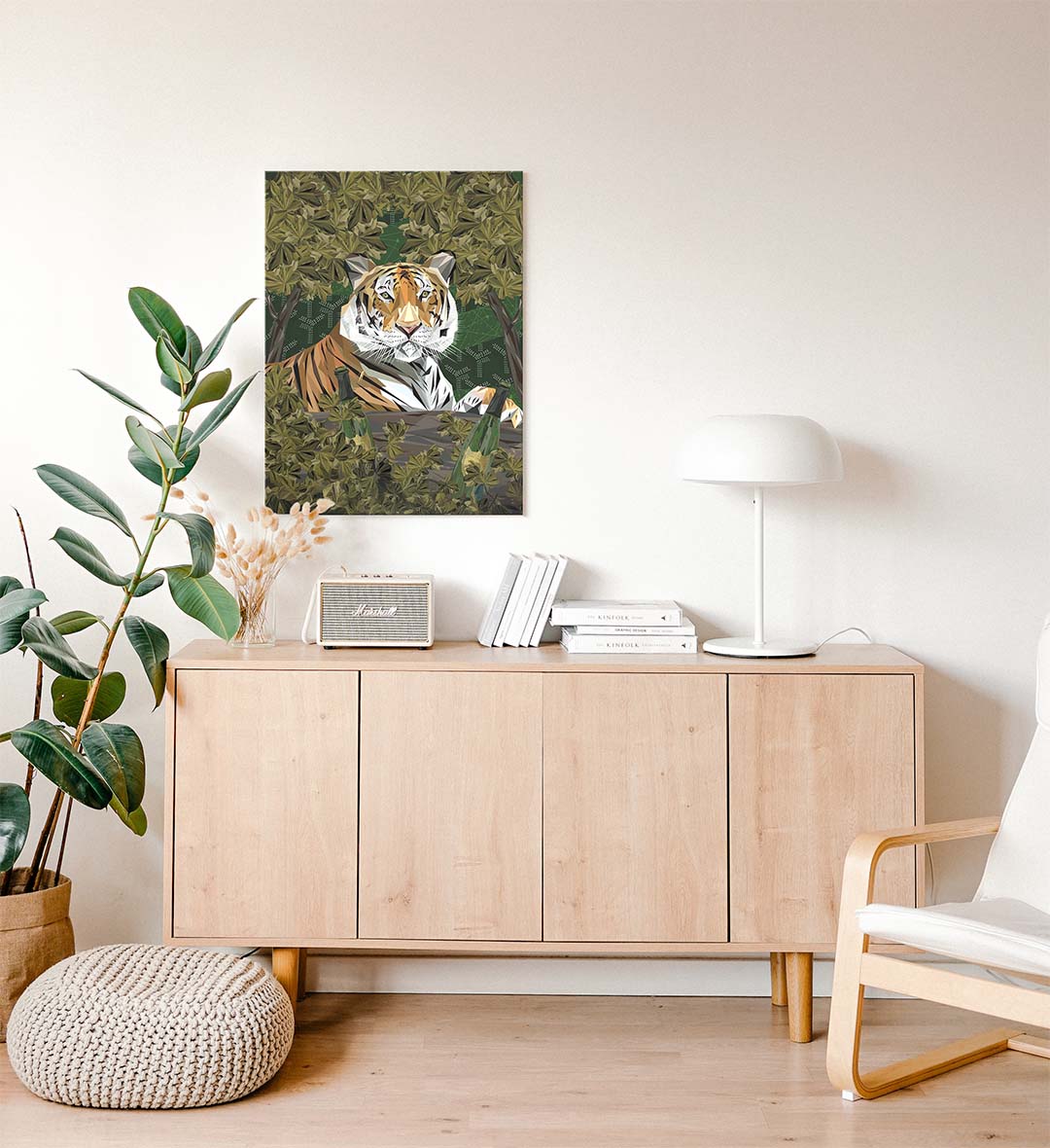 Side view of The Champagne Jungle Tiger canvas showing gallery wrap depth.