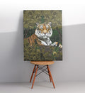 Contemporary office space with bold green and orange animal art.