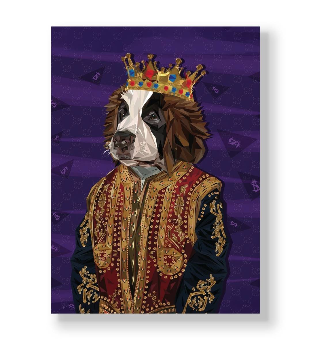 Geometric Spaniel dog wearing a gold crown and red royal robe against a purple background canvas wall art.