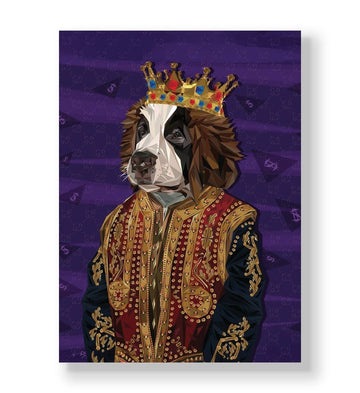 Geometric Spaniel dog wearing a gold crown and red royal robe against a purple background canvas wall art.
