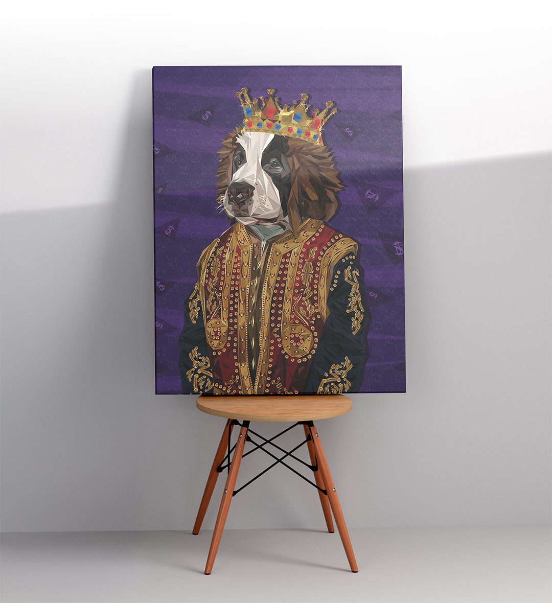 Bold hallway display with purple and gold geometric art.