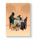 Masked trader eating pasta with a yellow robot dog and trading charts canvas wall art.