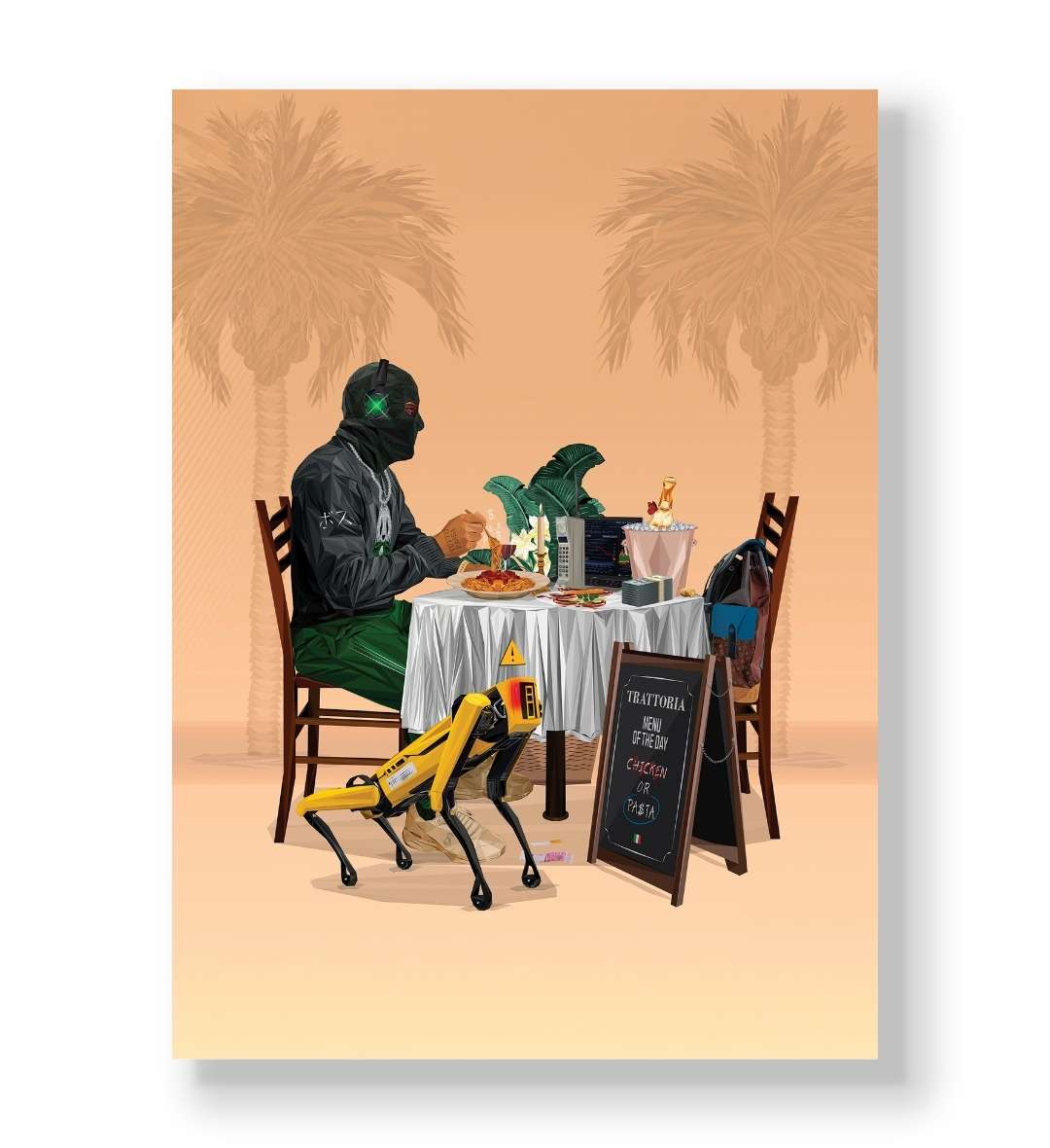 Masked trader eating pasta with a yellow robot dog and trading charts canvas wall art.