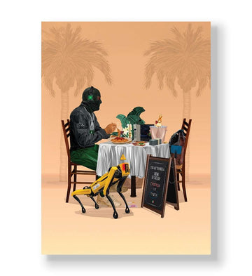 Masked trader eating pasta with a yellow robot dog and trading charts canvas wall art.