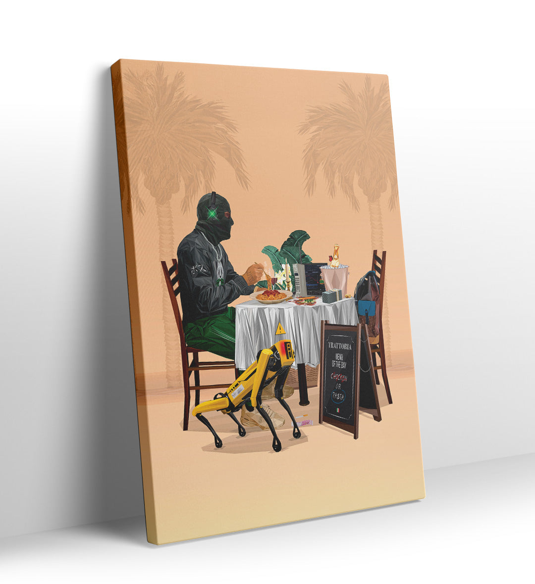 Masked trader eating pasta with a yellow robot dog and trading charts canvas wall art.