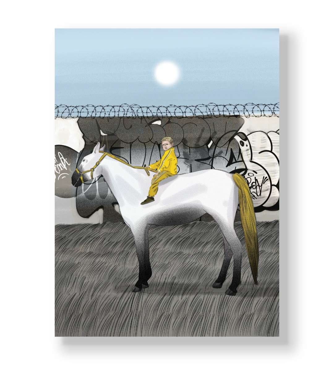 Hasbulla wearing a yellow tracksuit riding a white horse canvas wall art.