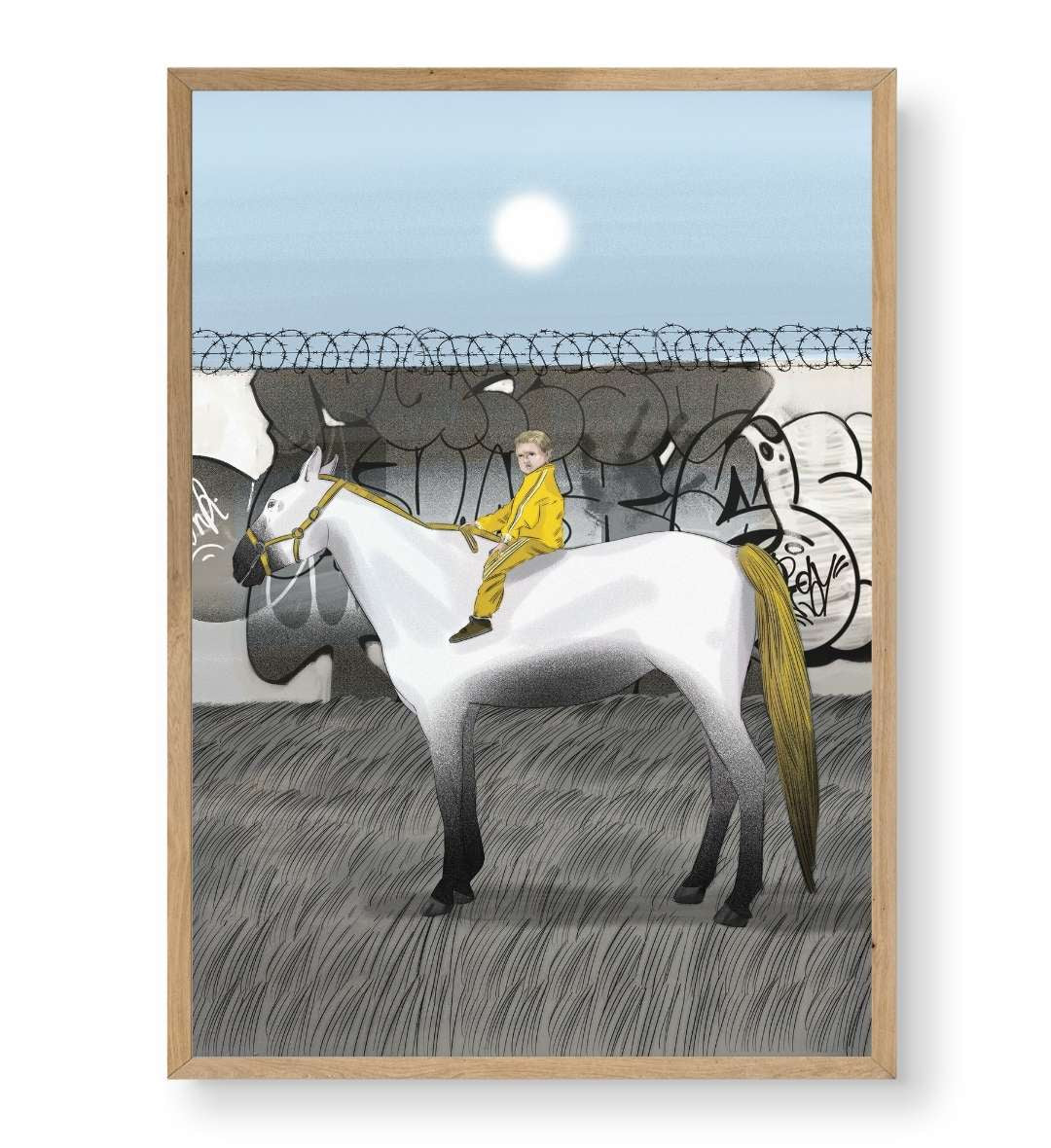 Detail of the mini boss's serious expression and tracksuit texture against graffiti.