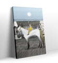 Urban style bedroom decor with white horse and rider graffiti canvas.
