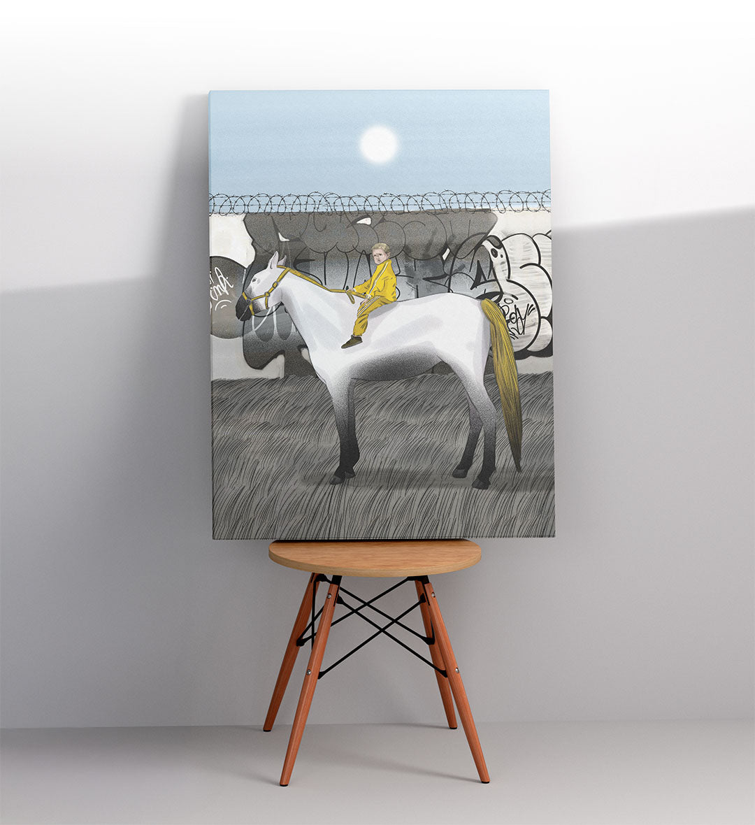 Entryway display with framed surreal Hasbulla art print by Artlier.