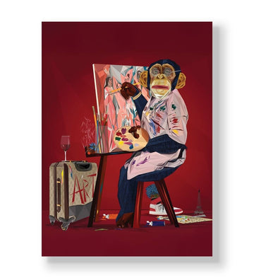 Geometric chimpanzee artist painting on canvas with red background and art supplies.