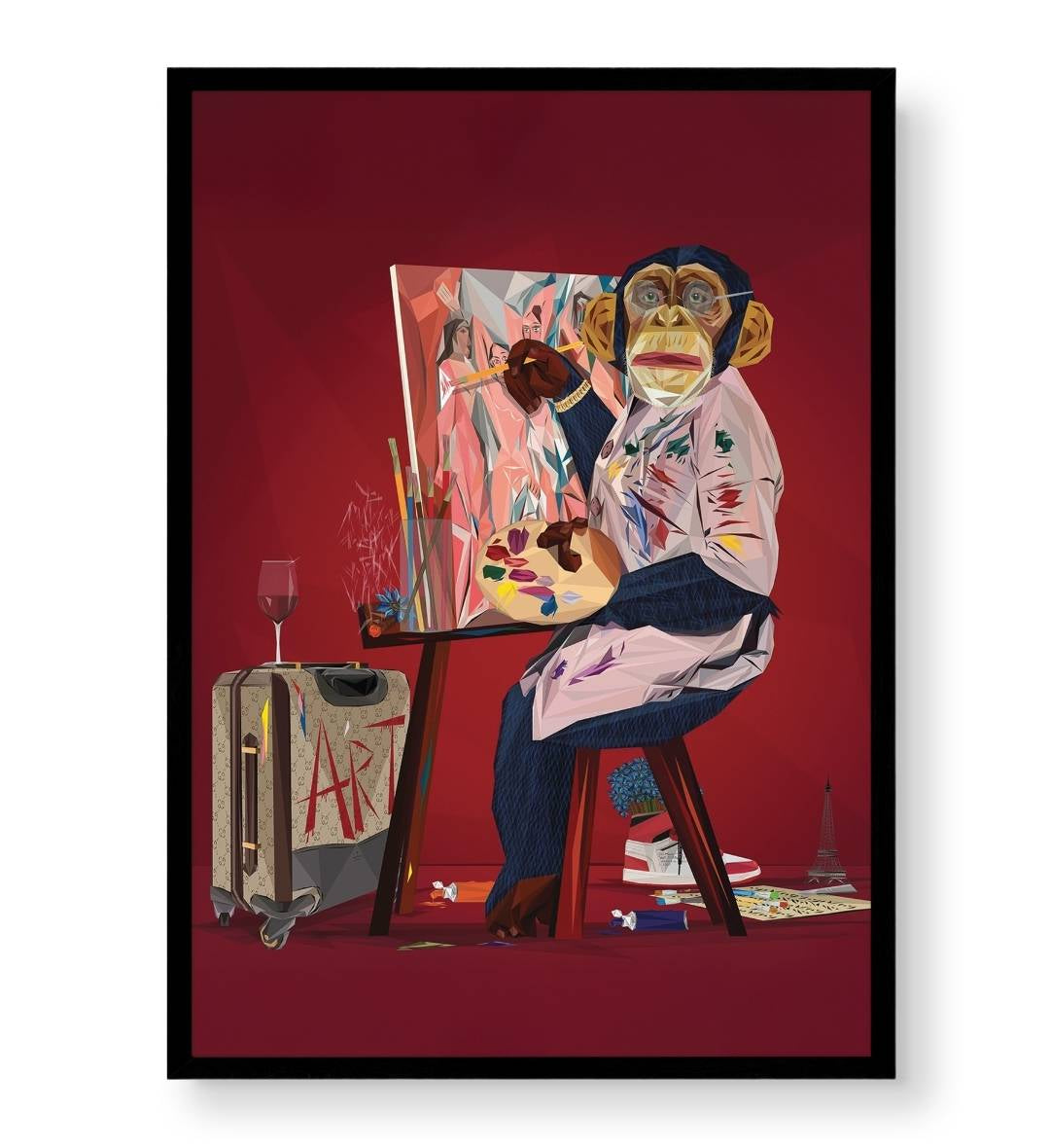 Eclectic home office with luxury travel and art themed wall hanging.