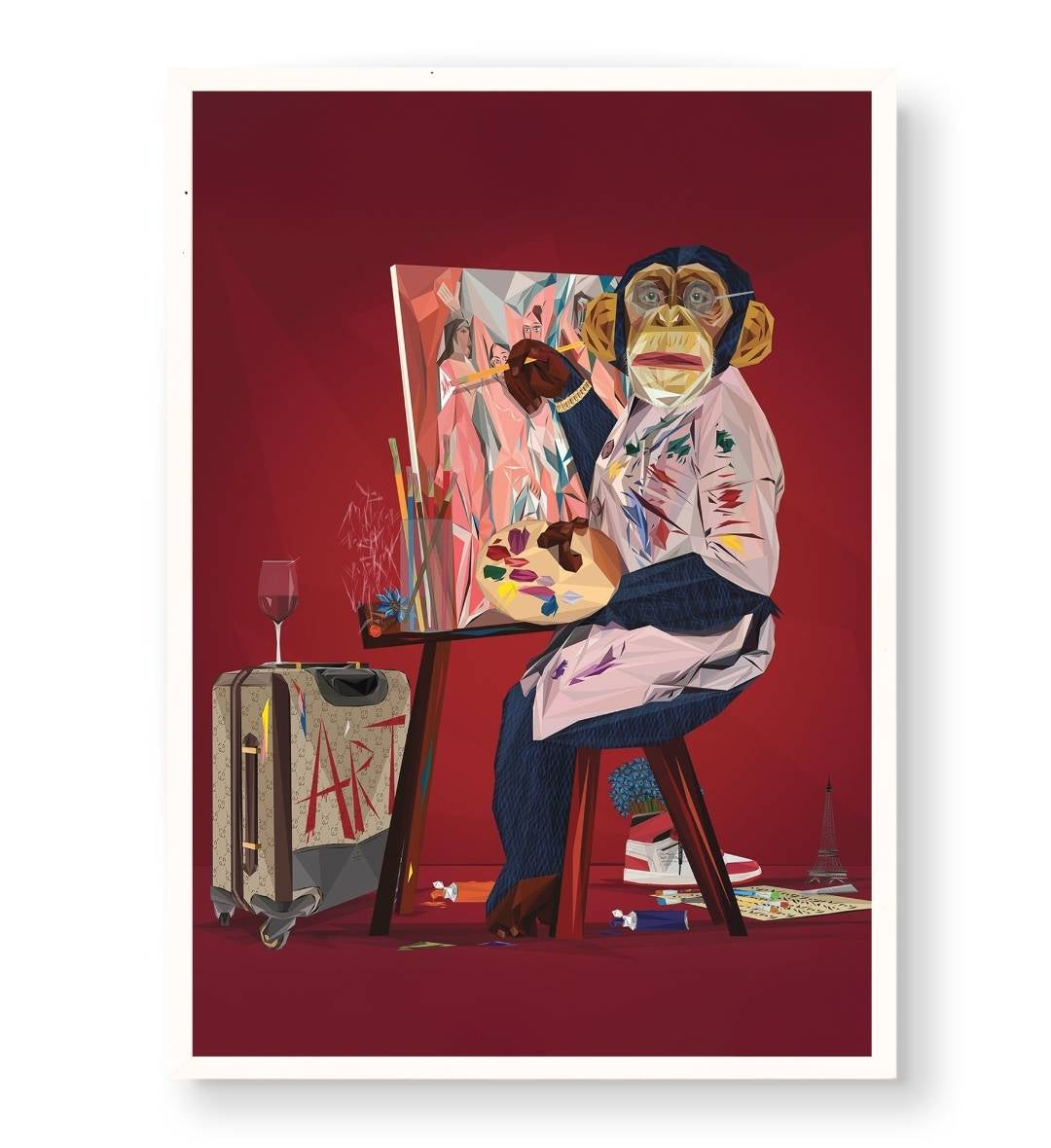 Creative studio space featuring colorful geometric monkey artist wall art.