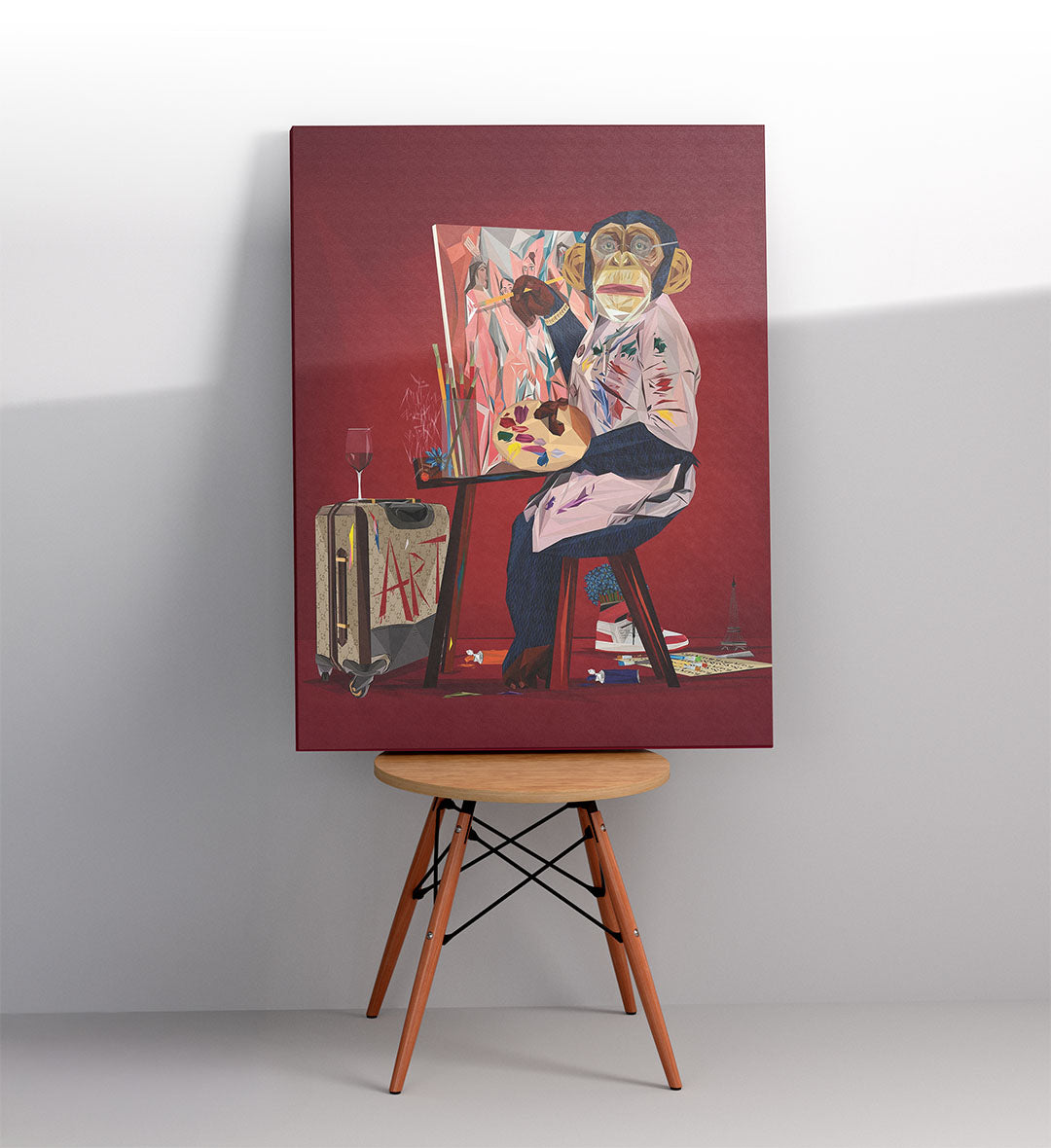 Artsy hallway display with bold red and blue animal illustration.