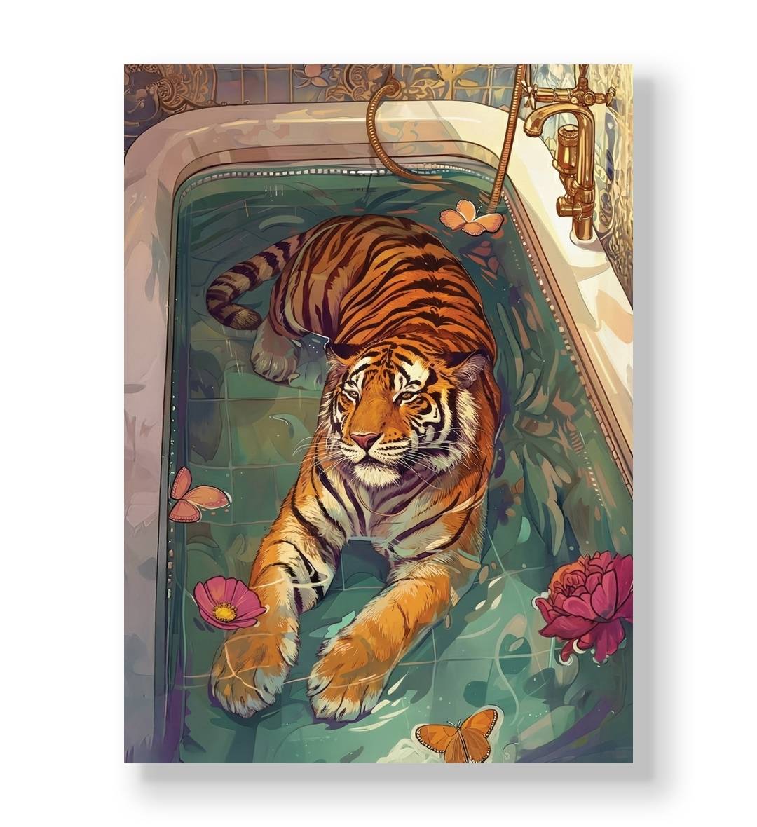 Tiger lying in a vintage bathtub with gold fixtures, teal water, and floating flowers canvas wall art.