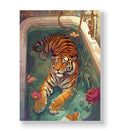 Tiger lying in a vintage bathtub with gold fixtures, teal water, and floating flowers canvas wall art.