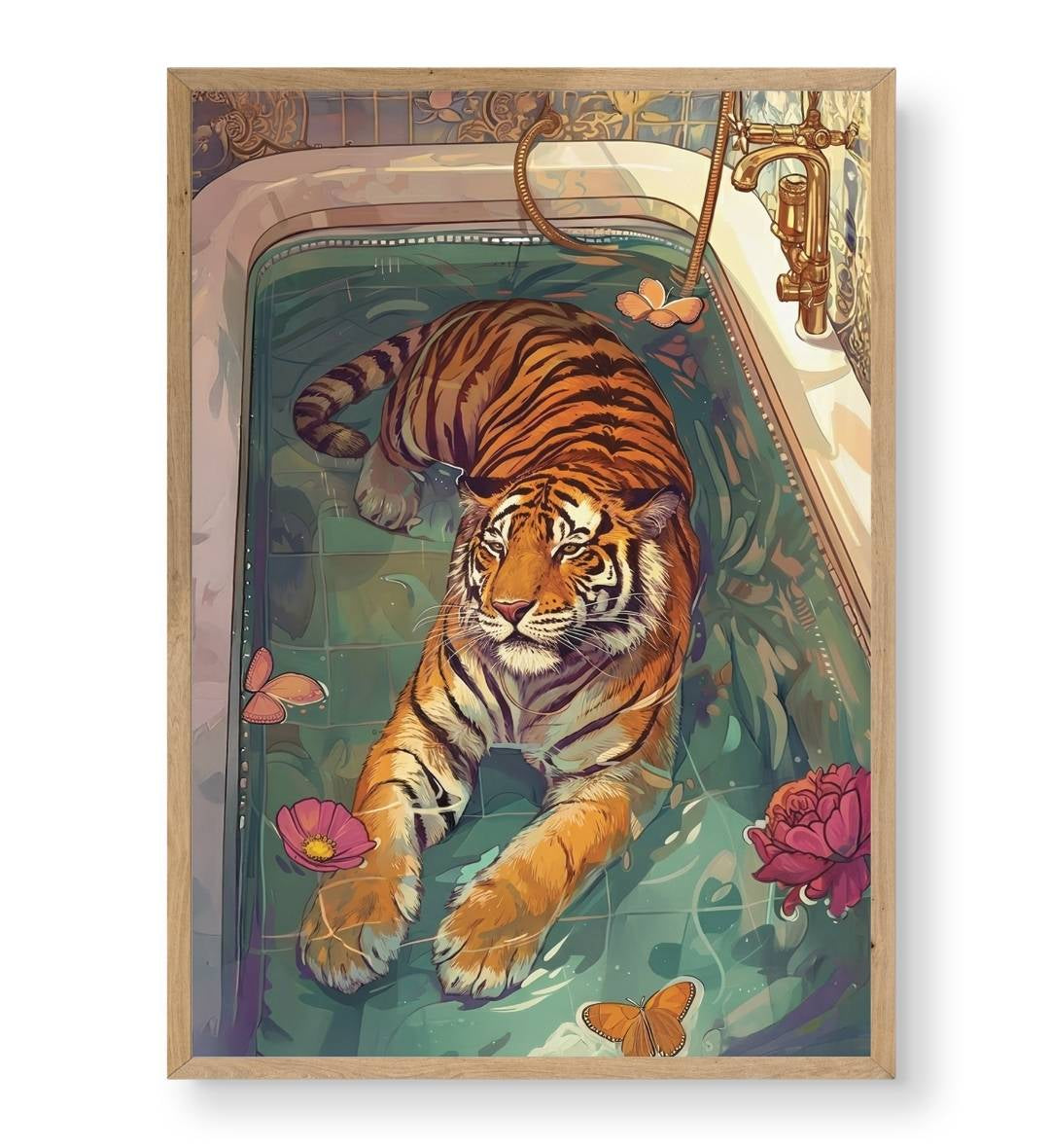 Detail of the tiger's calm expression, orange butterflies, and the gold shower head.