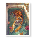 Luxurious bathroom decor featuring surreal tiger in tub wall art.