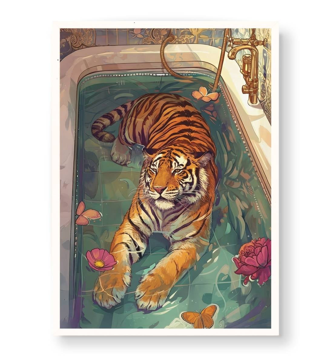 Luxurious bathroom decor featuring surreal tiger in tub wall art.