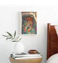 Boho bedroom styled with whimsical animal and floral canvas print.