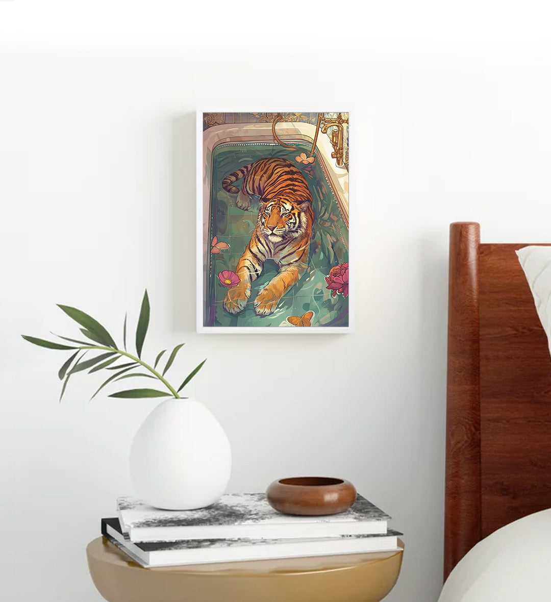 Boho bedroom styled with whimsical animal and floral canvas print.