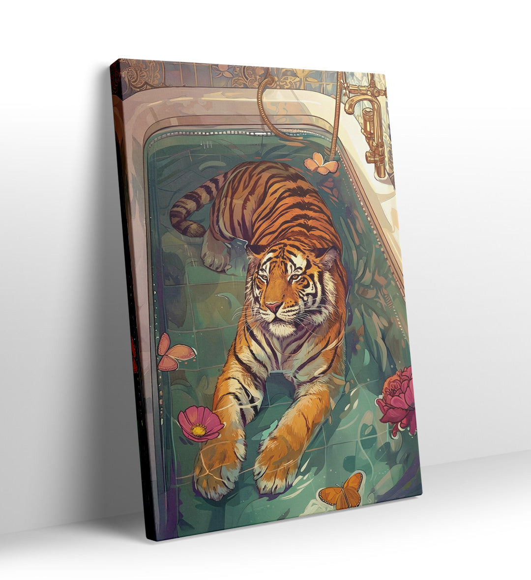 Tiger lying in a vintage bathtub with gold fixtures, teal water, and floating flowers canvas wall art.