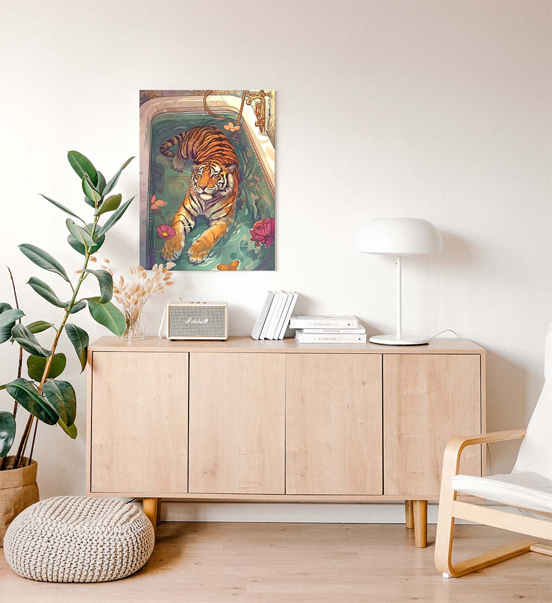 Eclectic living room display with unique gold and teal art.